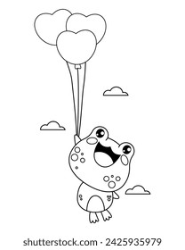 Lindo sapo con globos de corazones. Extraño contorno romántico animal kawaii personaje. Dibujo de líneas, libro de colorear. Ilustración vectorial. 