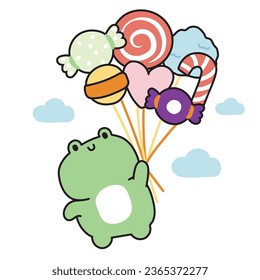 Cute frog hold candy balloon on sky background.Reptile animal character cartoon design.Sweet and dessert.Kawaii.Vector.Illustration. 