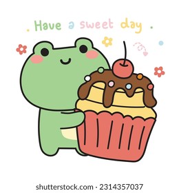 Cute frog hold cherry cup cake cartoon with have a sweet day text.Animal reptile.Cherry,dessert,cake,flower icon hand drawn.Kawaii.Vector.Illustration.