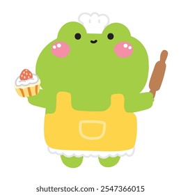 Cute frog hold strawberry cupcake and rolling pin.Cooking.Bakery.Sweet and dessert.Reptile animal character cartoon design.Kawaii.Vector.Illustration. 