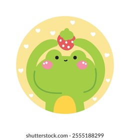 Cute frog hold strawberry with heart pastel background picture screen on brooch pin.Reptile animal character cartoon design.Kawaii.Vector.Illustration.