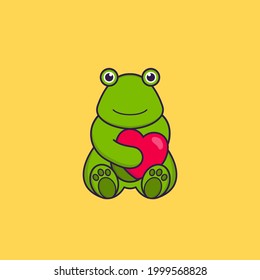 Cute frog holding a big red heart. Animal cartoon concept isolated. Can used for t-shirt, greeting card, invitation card or mascot.
