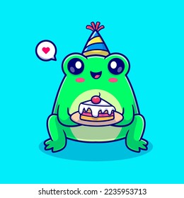 Cute Frog Holding Birthday Holding Cake Cartoon Vector Icon Illustration. Animal Holiday Icon Concept Isolated Premium Vector. Flat Cartoon Style