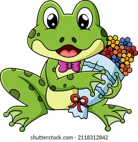 The cute frog is holding a bouquet of flowers for valentine of illustration