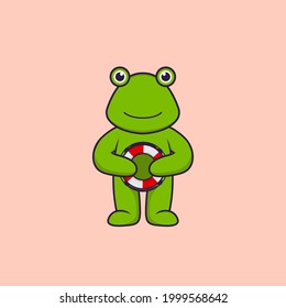 Cute frog holding a buoy. Animal cartoon concept isolated. Can used for t-shirt, greeting card, invitation card or mascot.