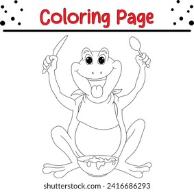 cute frog holding cutlery coloring page