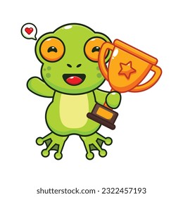 cute frog holding gold trophy cup cartoon vector illustration.