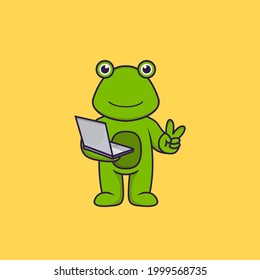 Cute frog holding laptop. Animal cartoon concept isolated. Can used for t-shirt, greeting card, invitation card or mascot.