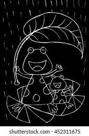Cute frog holding leaf umbrella and enjoying rainfalls