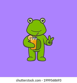 Cute frog holding orange juice in glass. Animal cartoon concept isolated. Can used for t-shirt, greeting card, invitation card or mascot.