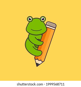 Cute frog holding a pencil. Animal cartoon concept isolated. Can used for t-shirt, greeting card, invitation card or mascot.
