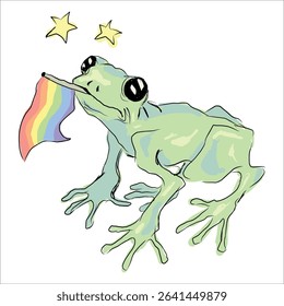 Cute frog holding rainbow lgbt flag. Delicate pastel colors. Light. Vector hand drawn illustration. Print for stickers, clothes, paper products, cups. Support for the rights of the lgbtq+ community.