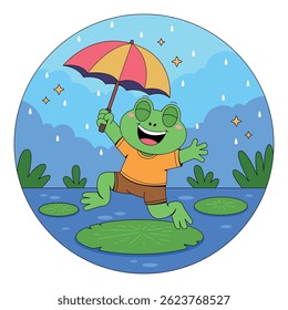 Cute Frog Holding Umbrella cartoon illustration