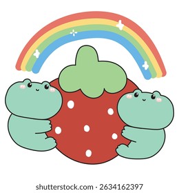 Cute frog hug strawberry fruit with rainbow.Reptile animal character cartoon design.Image for sticker,print screen,baby product.Kawaii.Vector.Illustration.
