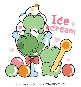 Cute frog ice cream green tea flavor in glass with candy.Reptile animal character cartoon design.Sweet and dessert.Heart.Kawaii.Vector.Illustration.