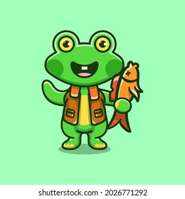 cute frog illustration catching fish