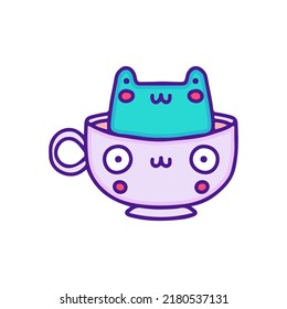 Cute frog inside a cup of coffee illustration, with soft pop style and old style 90s cartoon drawings. Artwork for street wear, t shirt, patchworks; for teenagers clothes.