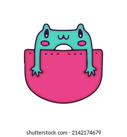 Cute frog inside a pocket, illustration for t-shirt, street wear, sticker, or apparel merchandise. With doodle, retro, and cartoon style.