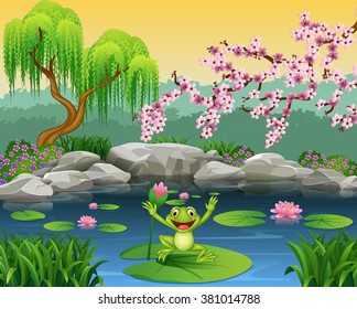 Cute frog jumping on the lily water