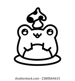 Cute Frog. Kawaii Frog with Mushroom on Head. Kawaii Childish Character. Cartoon Cute Baby frog, Linear style illustration vector. Coloring