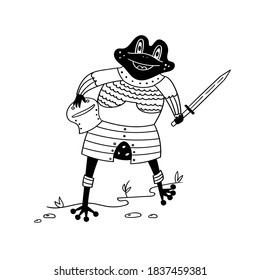 Cute frog knight in armor with a sword. Black and white vector funny character