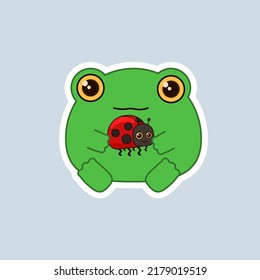 Cute frog with ladybug, sticker on a gray background. Children's vector illustration