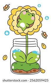 Cute frog lay on big sunflower grow in glass jar.Butterfly.Water.Soil.Nature floral.Reptile animal character cartoon design.Kawaii.Vector.Illustration.