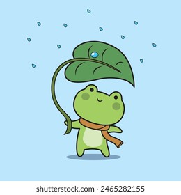 Cute frog with leaf umbrella in the rain vector illustration