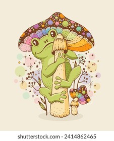 Cute frog leap on mushroom stalk. Vintage poster, tattoo print with hand drawn toad character on amanita. Concept of autumn forest, witch magic, rainbow vector sketch illustration. Vintage groovy frog