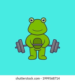 Cute frog lifts the barbell. Animal cartoon concept isolated. Can used for t-shirt, greeting card, invitation card or mascot.