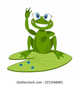 Cute frog Lilu on a water lily leaf. Decorative vector illustration. For the design of children's products or other use in design.