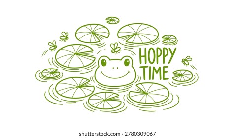 Cute frog line art illustration with Hoppy Time text. Minimalist green drawing of a smiling frog head, lily pads, and insects on a white background. Ideal for kids' prints and stickers.