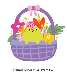 Cute frog line hand drawn style stay in picnic basket with flower.Spring time season.Floral.Blooming.Reptile animal character cartoon design.Baby graphic.Kawaii.Vector.Illustration.