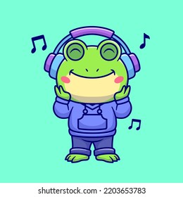 Cute Frog Listening Music With Headphone Cartoon Vector Icon Illustration. Animal Music Icon Concept Isolated Premium Vector. Flat Cartoon Style