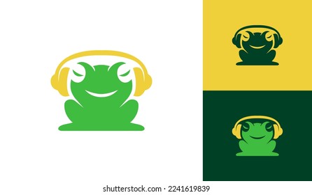 Cute frog listening music with headset or headphone logo design vector