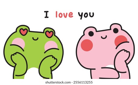 Cute frog look each other with heart love feeling and I love you text.Valentines day.Reptile animal character cartoon design.Kawaii.Vector.Illustration.