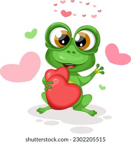Cute frog in love with red hearts