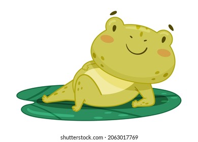 Cute frog lying on lotus leaf in pond. Green funny amphibian toad character cartoon vector illustration