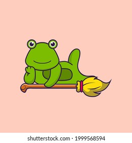 Cute frog lying on Magic Broom. Animal cartoon concept isolated. Can used for t-shirt, greeting card, invitation card or mascot.