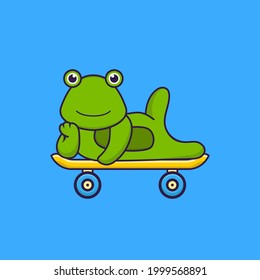 Cute frog lying on a skateboard. Animal cartoon concept isolated. Can used for t-shirt, greeting card, invitation card or mascot.