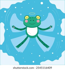 A cute frog lying on a snowy ground, joyfully making a snow angel with outstretched arms and legs. The scene is playful and cozy, capturing a winter wonderland vibe with soft snowflakes falling around