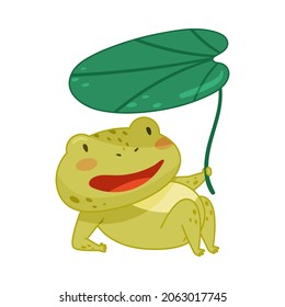 Cute frog lying under lotus leaf. Green funny amphibian toad character cartoon vector illustration