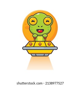 cute frog mascot cartoon character fly with ufo
