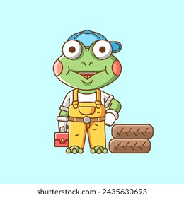Cute frog  mechanic with tool at workshop cartoon animal character mascot icon flat style illustration concept set