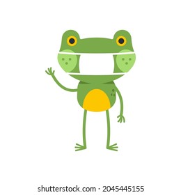 Cute frog in medical mask vector cartoon character isolated on a white background.