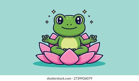 A cute frog is meditating peacefully on a pink lotus flower, with sparkling stars around its head, in a charming cartoon vector illustration.