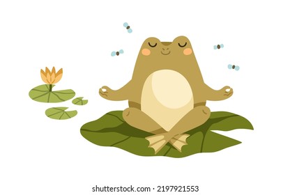 Cute frog in meditation pose. Funny foggy relaxing on leaf in zen yoga position. Happy baby animal character meditating in nature in pond. Flat vector illustration isolated on white background