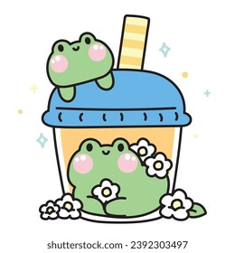 Cute frog in milk tea beverage with flower on white background.Reptile animal character cartoon design.Sweet.Drink.Kawaii.Vector.Illustration.