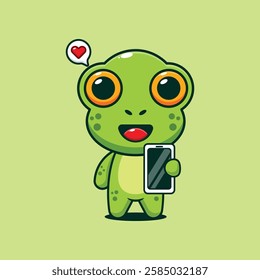 Cute frog with mobile phone cartoon vector illustration. vector cartoon illustration suitable for poster, brochure, web, mascot, sticker, logo and icon.