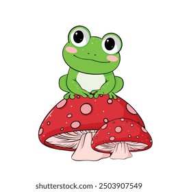 cute frog and mushrooms vector illustration